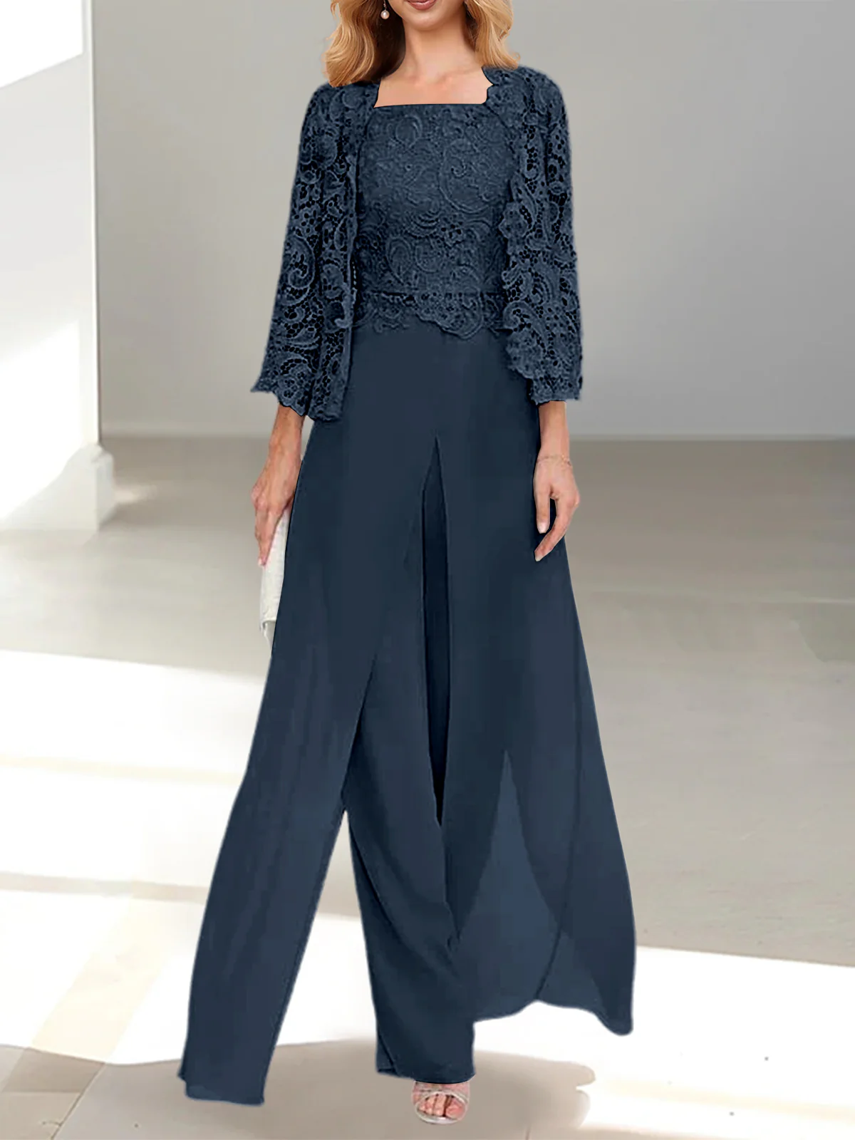 Chiffon Square Neck Floor-Length Mother of the Bride Pantsuits with Jacket & Split Side - Image 10