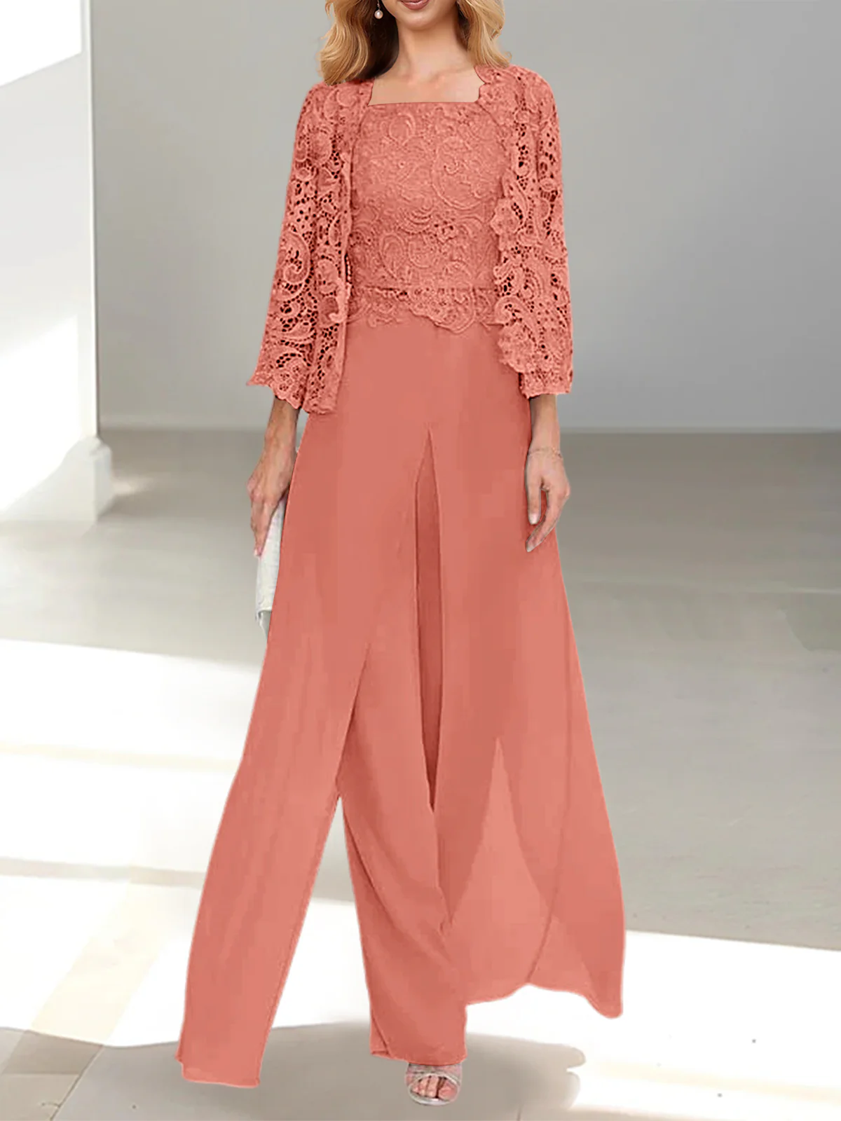 Chiffon Square Neck Floor-Length Mother of the Bride Pantsuits with Jacket & Split Side - Image 14