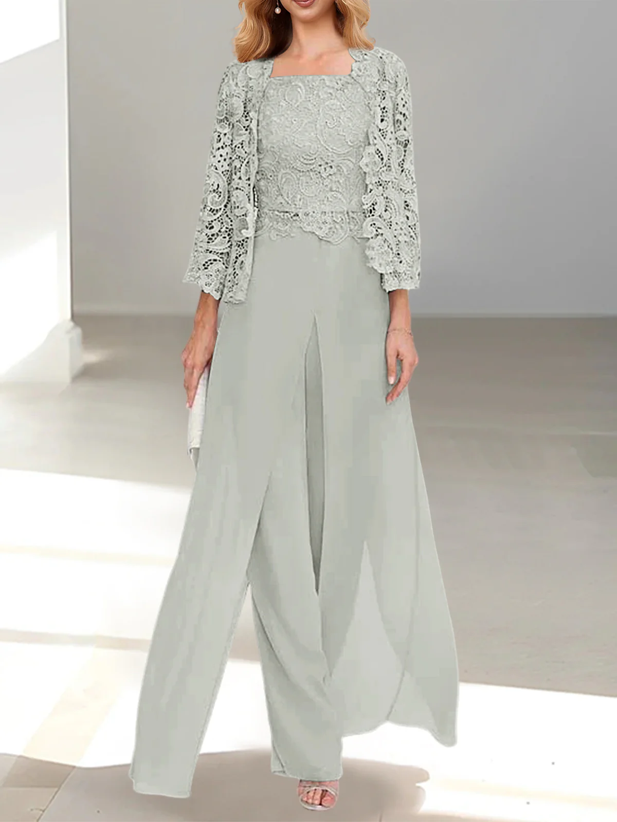 Chiffon Square Neck Floor-Length Mother of the Bride Pantsuits with Jacket & Split Side - Image 16