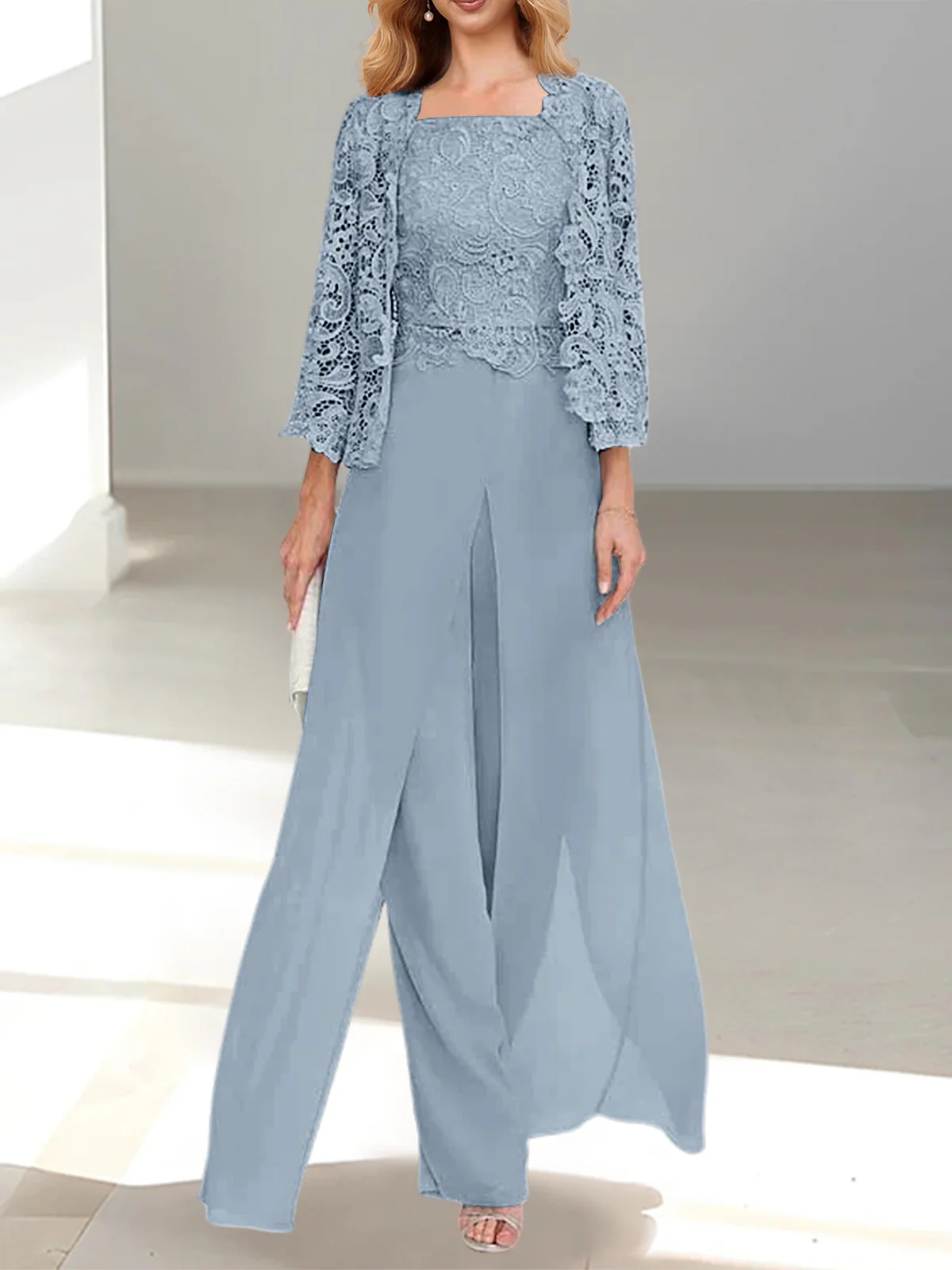 Chiffon Square Neck Floor-Length Mother of the Bride Pantsuits with Jacket & Split Side - Image 17
