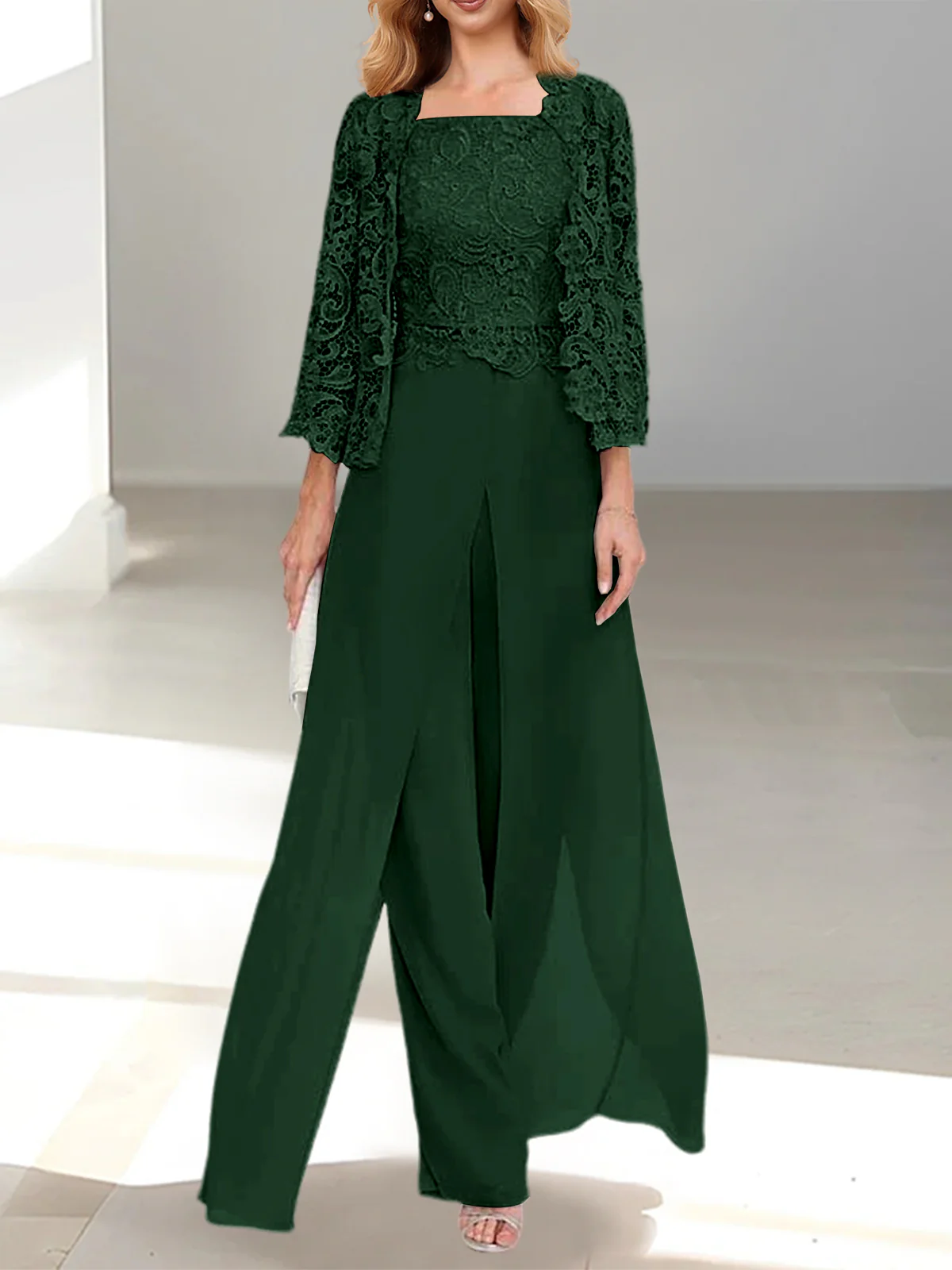 Chiffon Square Neck Floor-Length Mother of the Bride Pantsuits with Jacket & Split Side - Image 19