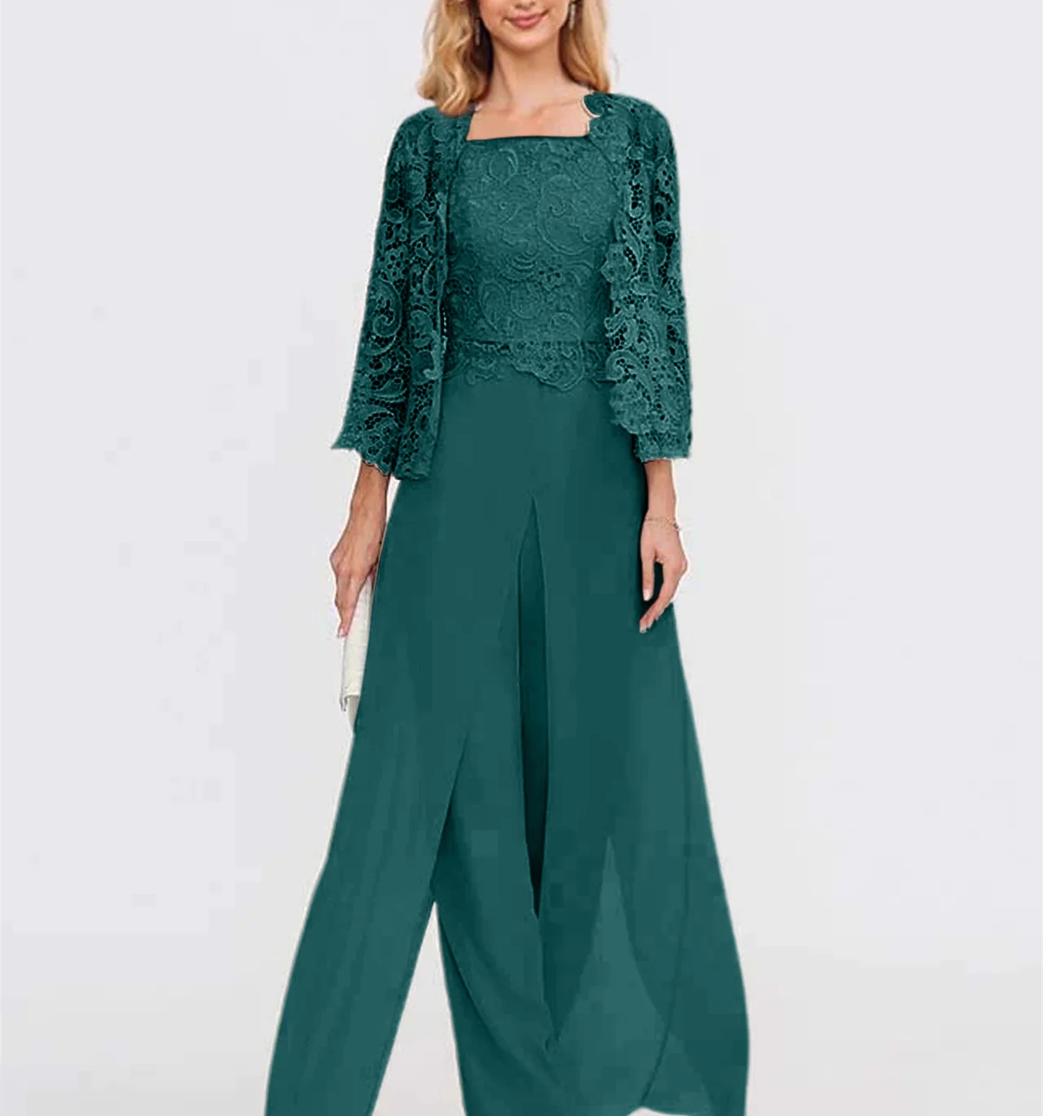 Chiffon Square Neck Floor-Length Mother of the Bride Pantsuits with Jacket & Split Side - Image 24