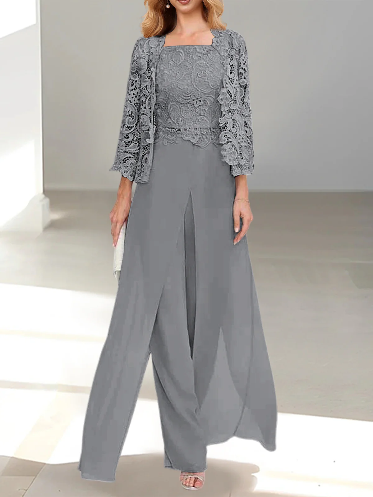 Chiffon Square Neck Floor-Length Mother of the Bride Pantsuits with Jacket & Split Side - Image 31