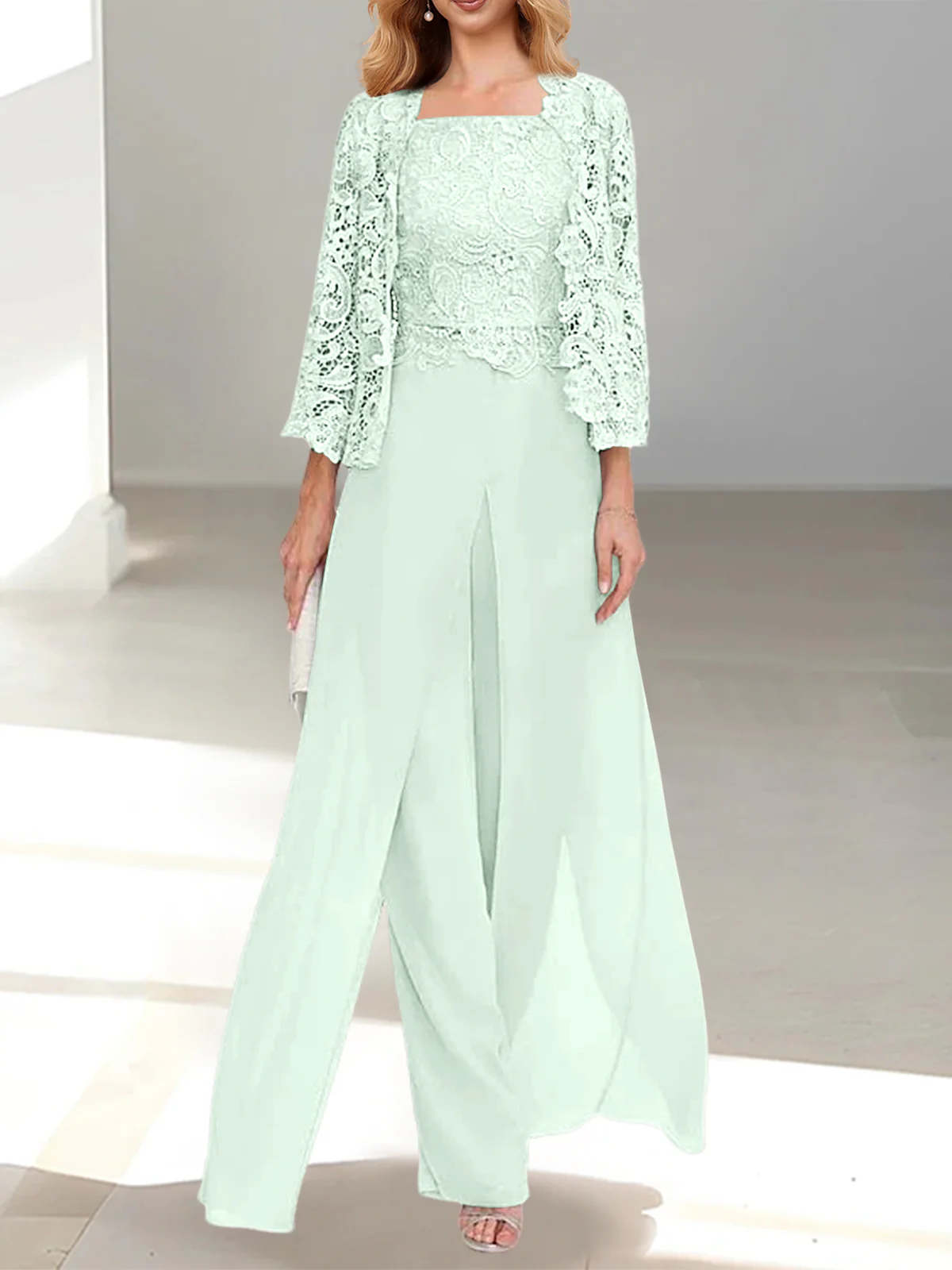 Chiffon Square Neck Floor-Length Mother of the Bride Pantsuits with Jacket & Split Side - Image 34