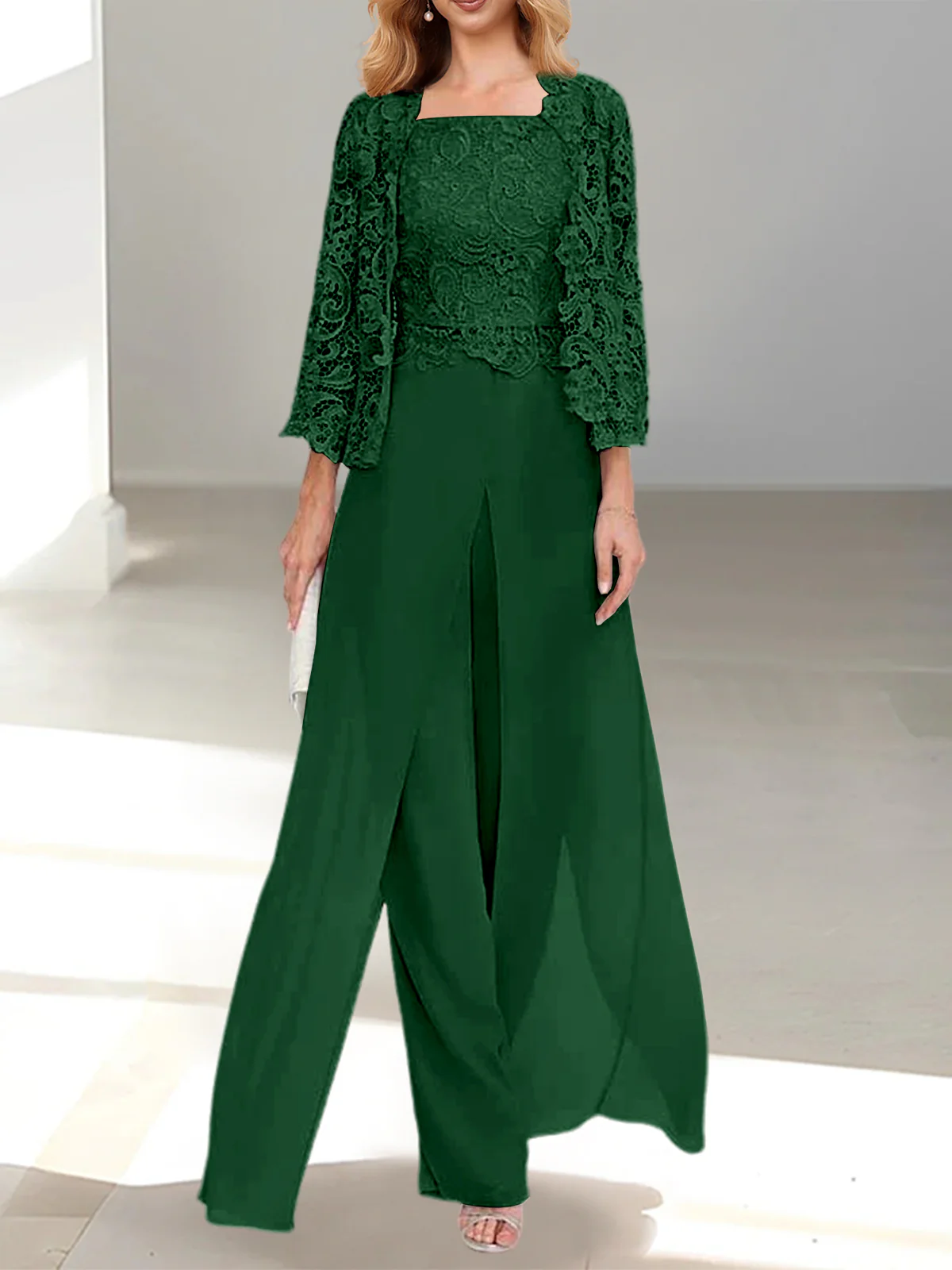 Chiffon Square Neck Floor-Length Mother of the Bride Pantsuits with Jacket & Split Side - Image 42