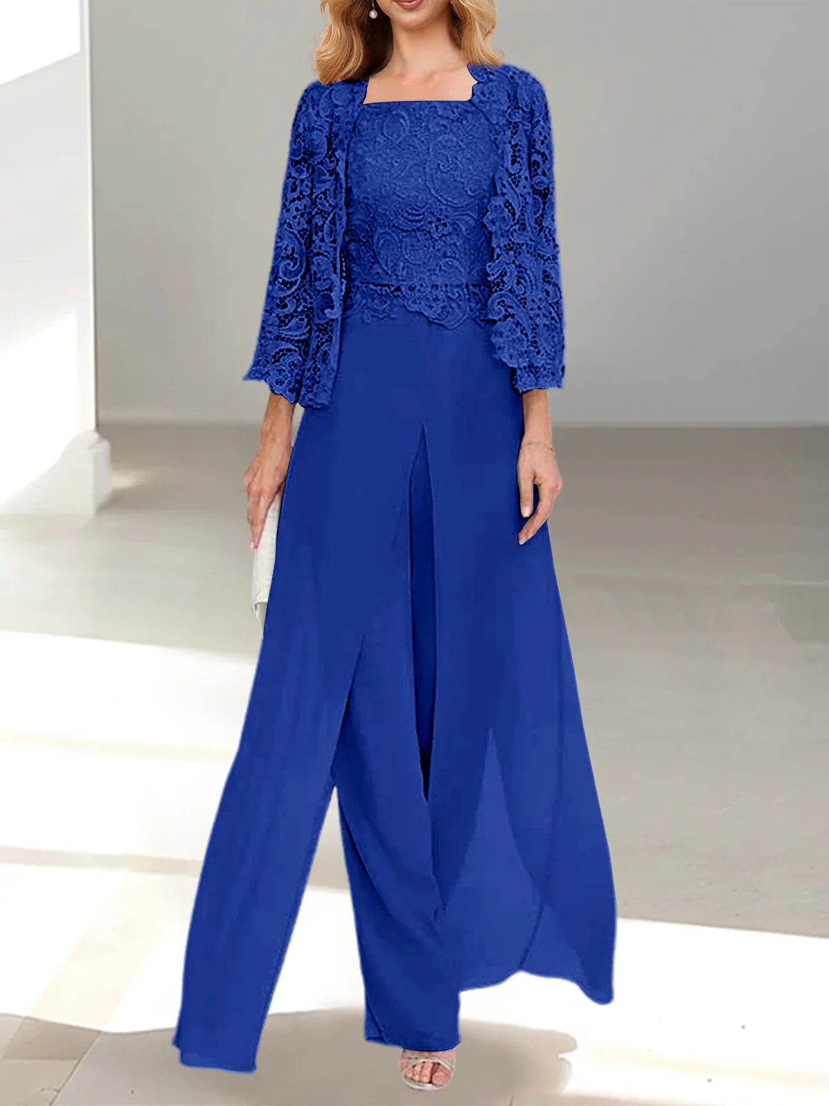 Chiffon Square Neck Floor-Length Mother of the Bride Pantsuits with Jacket & Split Side - Image 43