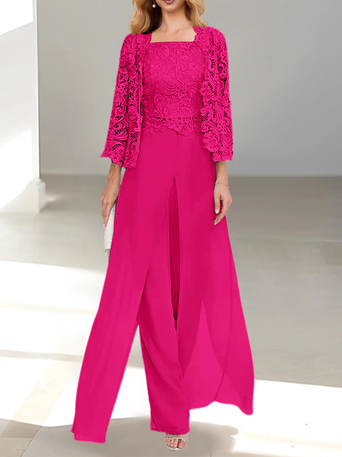 Chiffon Square Neck Floor-Length Mother of the Bride Pantsuits with Jacket & Split Side - Image 46