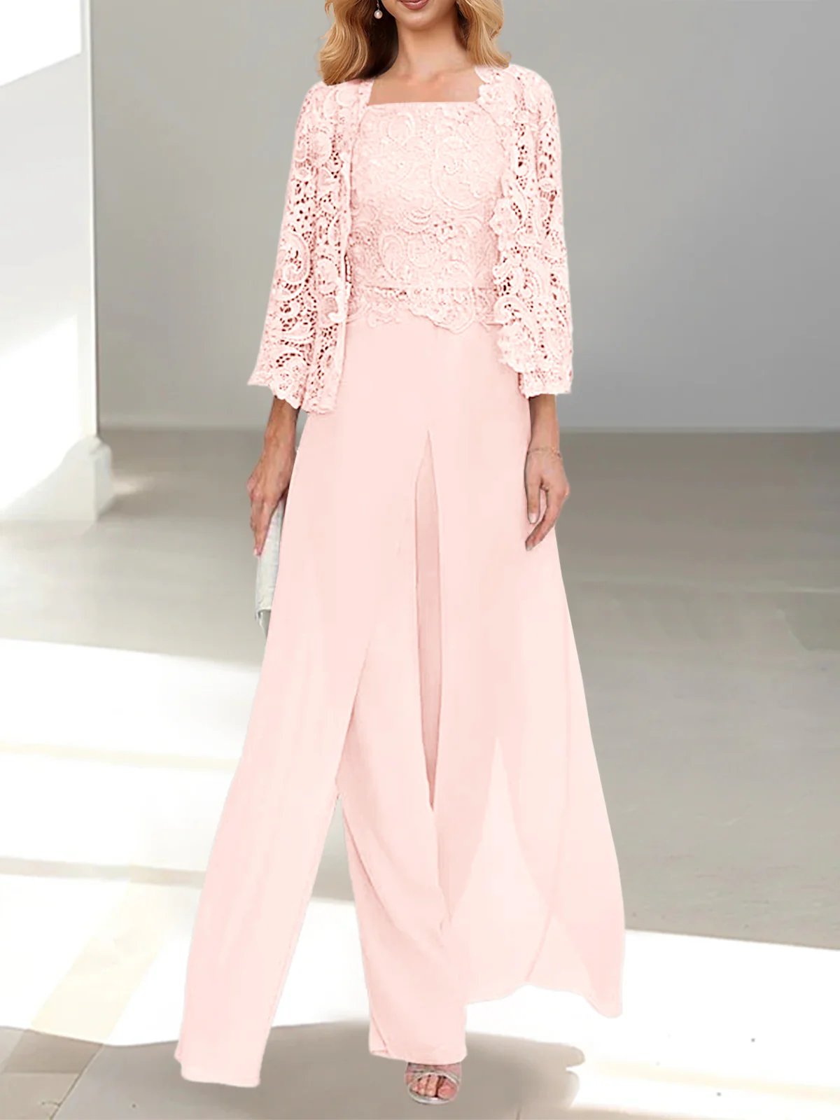 Chiffon Square Neck Floor-Length Mother of the Bride Pantsuits with Jacket & Split Side - Image 59