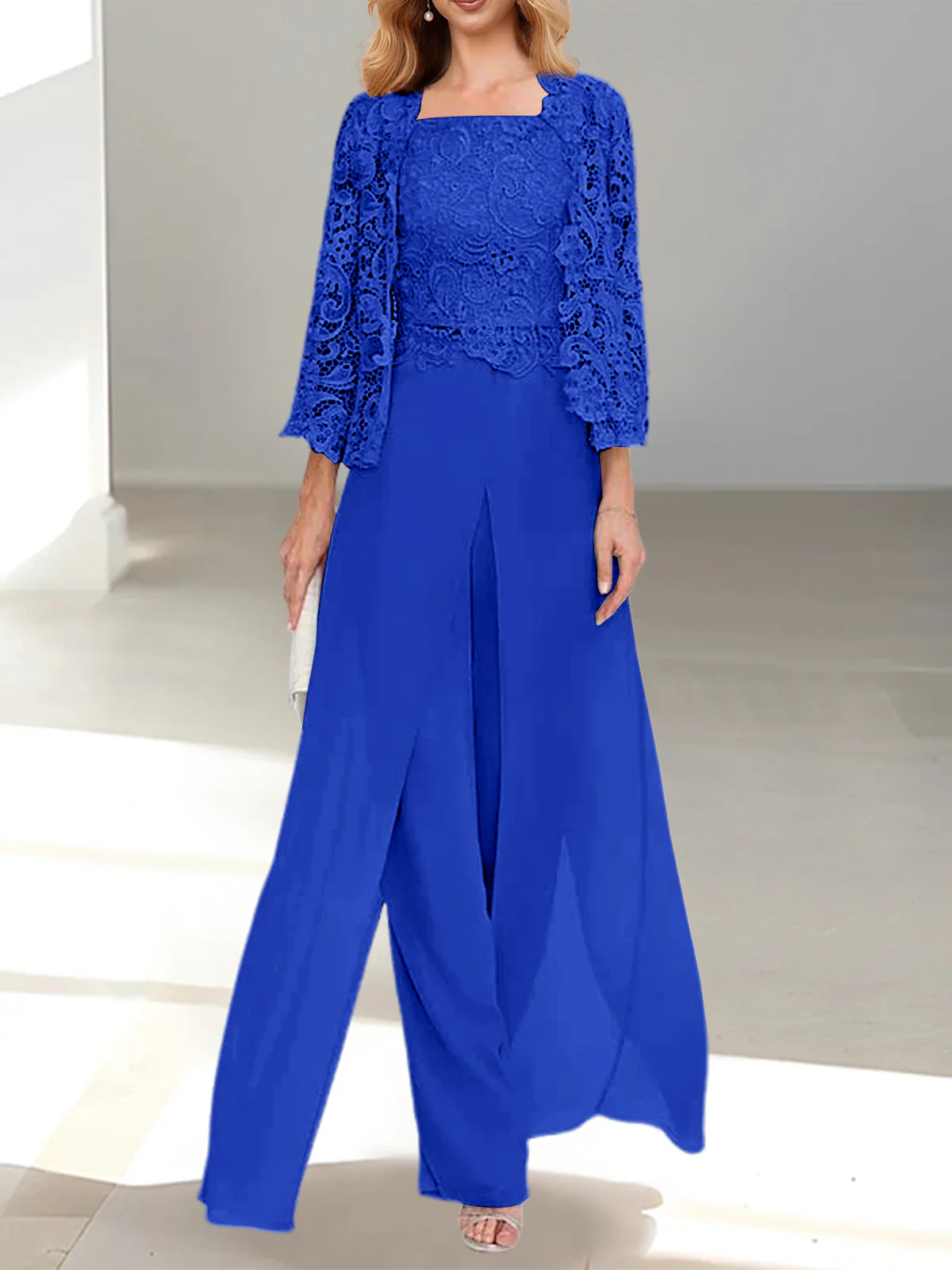 Chiffon Square Neck Floor-Length Mother of the Bride Pantsuits with Jacket & Split Side - Image 62