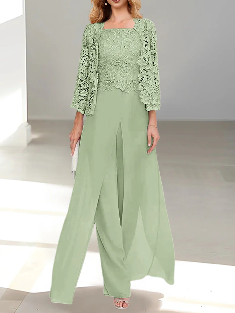 Chiffon Square Neck Floor-Length Mother of the Bride Pantsuits with Jacket & Split Side - Image 69