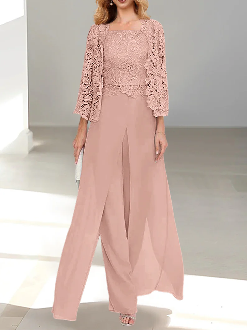 Chiffon Square Neck Floor-Length Mother of the Bride Pantsuits with Jacket & Split Side - Image 70