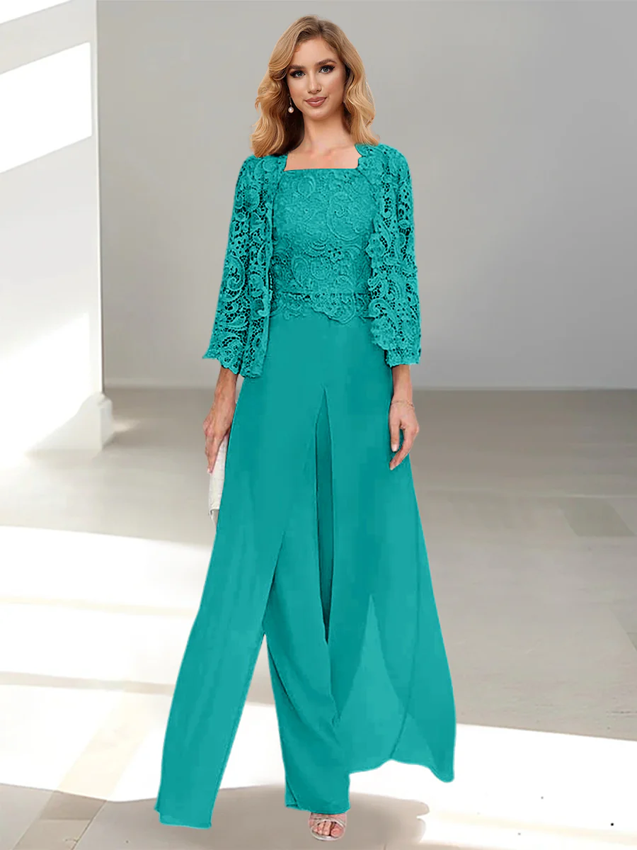 Chiffon Square Neck Floor-Length Mother of the Bride Pantsuits with Jacket & Split Side - Image 71