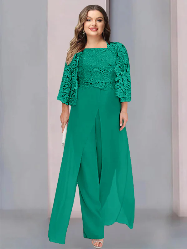 Chiffon Square Neck Floor-Length Plus Size Mother of the Bride Pantsuits with Jacket & Split Side - Image 29