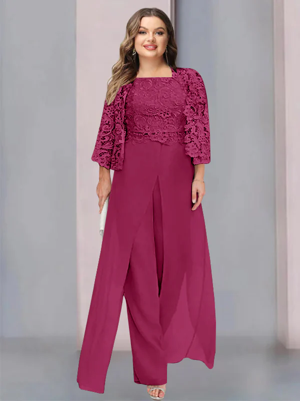 Chiffon Square Neck Floor-Length Plus Size Mother of the Bride Pantsuits with Jacket & Split Side - Image 36