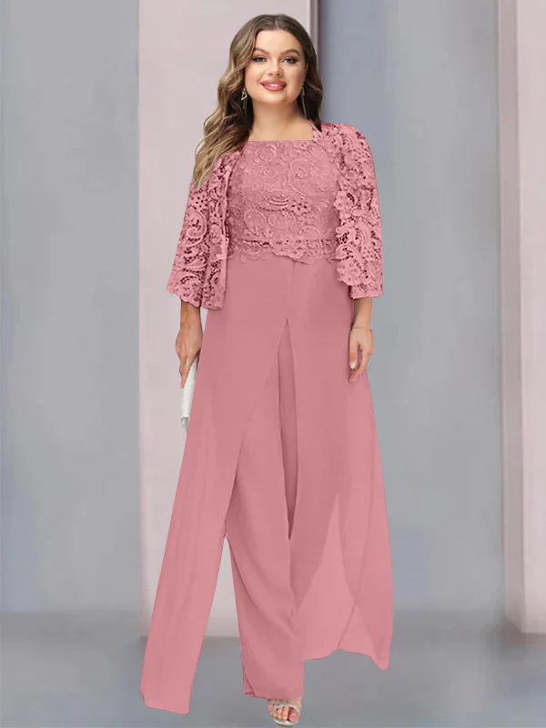 Chiffon Square Neck Floor-Length Plus Size Mother of the Bride Pantsuits with Jacket & Split Side - Image 54
