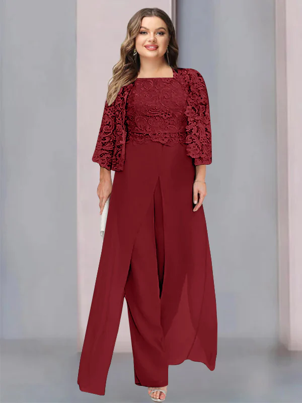 Chiffon Square Neck Floor-Length Plus Size Mother of the Bride Pantsuits with Jacket & Split Side - Image 9