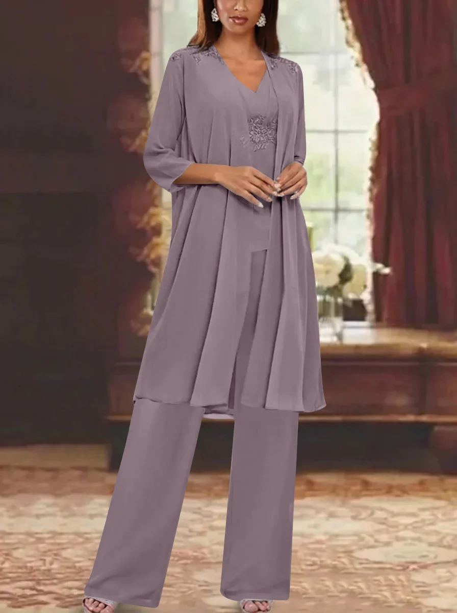 Chiffon V-Neck 3/4 Sleeves Appliques Mother of the Bride Pantsuits with Jacket Ankle-Length - Image 24