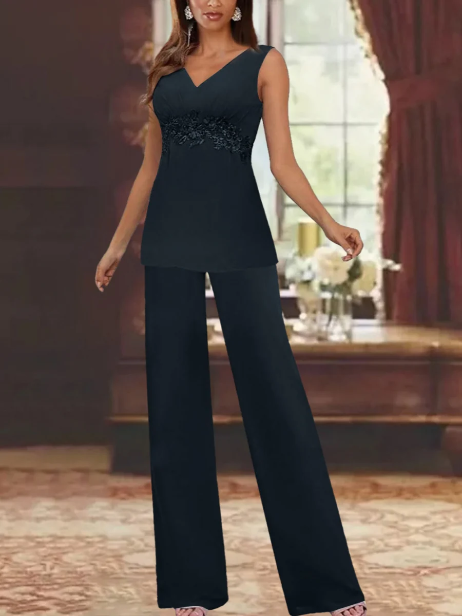 Chiffon V-Neck 3/4 Sleeves Appliques Mother of the Bride Pantsuits with Jacket Ankle-Length - Image 3