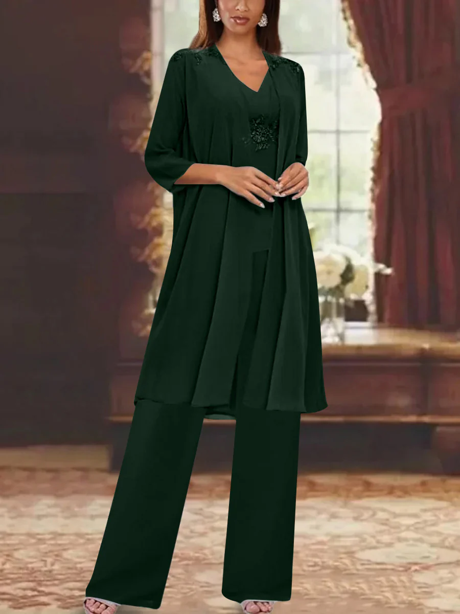 Chiffon V-Neck 3/4 Sleeves Appliques Mother of the Bride Pantsuits with Jacket Ankle-Length - Image 30