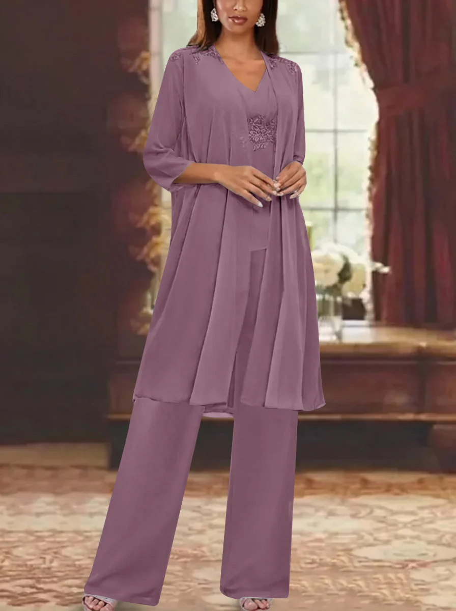 Chiffon V-Neck 3/4 Sleeves Appliques Mother of the Bride Pantsuits with Jacket Ankle-Length - Image 55