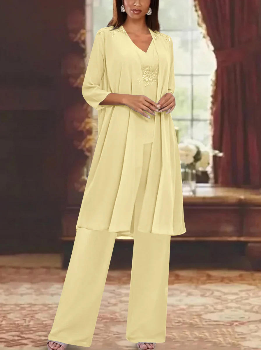 Chiffon V-Neck 3/4 Sleeves Appliques Mother of the Bride Pantsuits with Jacket Ankle-Length - Image 56