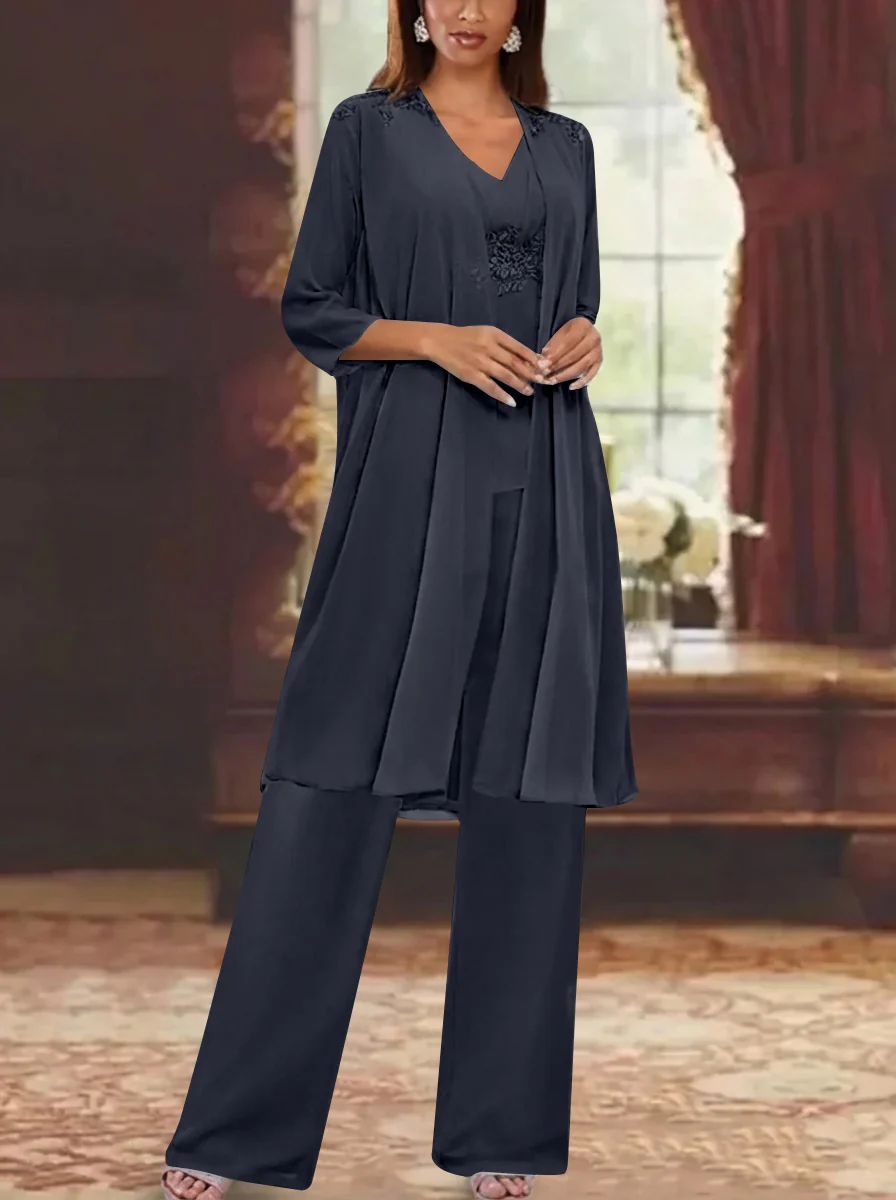 Chiffon V-Neck 3/4 Sleeves Appliques Mother of the Bride Pantsuits with Jacket Ankle-Length - Image 8
