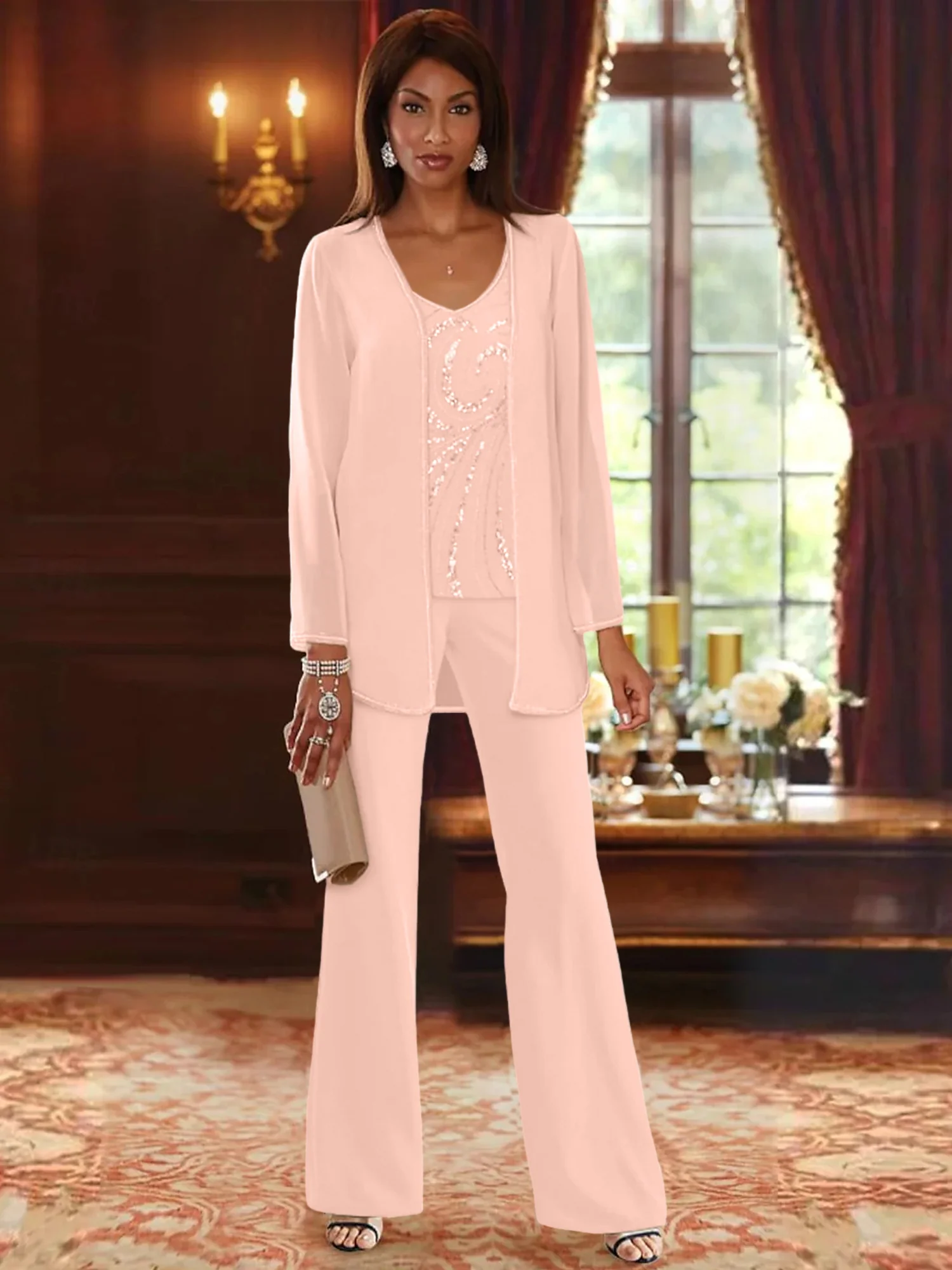 Chiffon V-Neck Floor-Length 3 Pieces Mother of the Bride Pantsuits with Jacket & Sequins Beading - Image 15