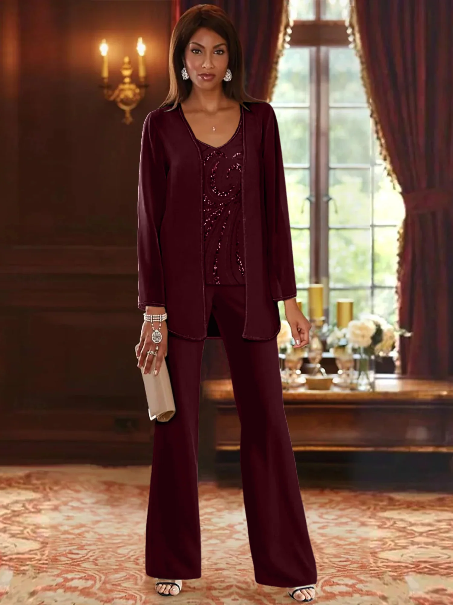 Chiffon V-Neck Floor-Length 3 Pieces Mother of the Bride Pantsuits with Jacket & Sequins Beading - Image 17