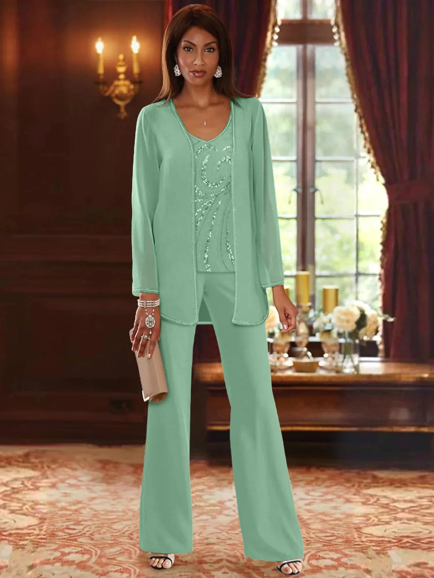 Chiffon V-Neck Floor-Length 3 Pieces Mother of the Bride Pantsuits with Jacket & Sequins Beading - Image 28