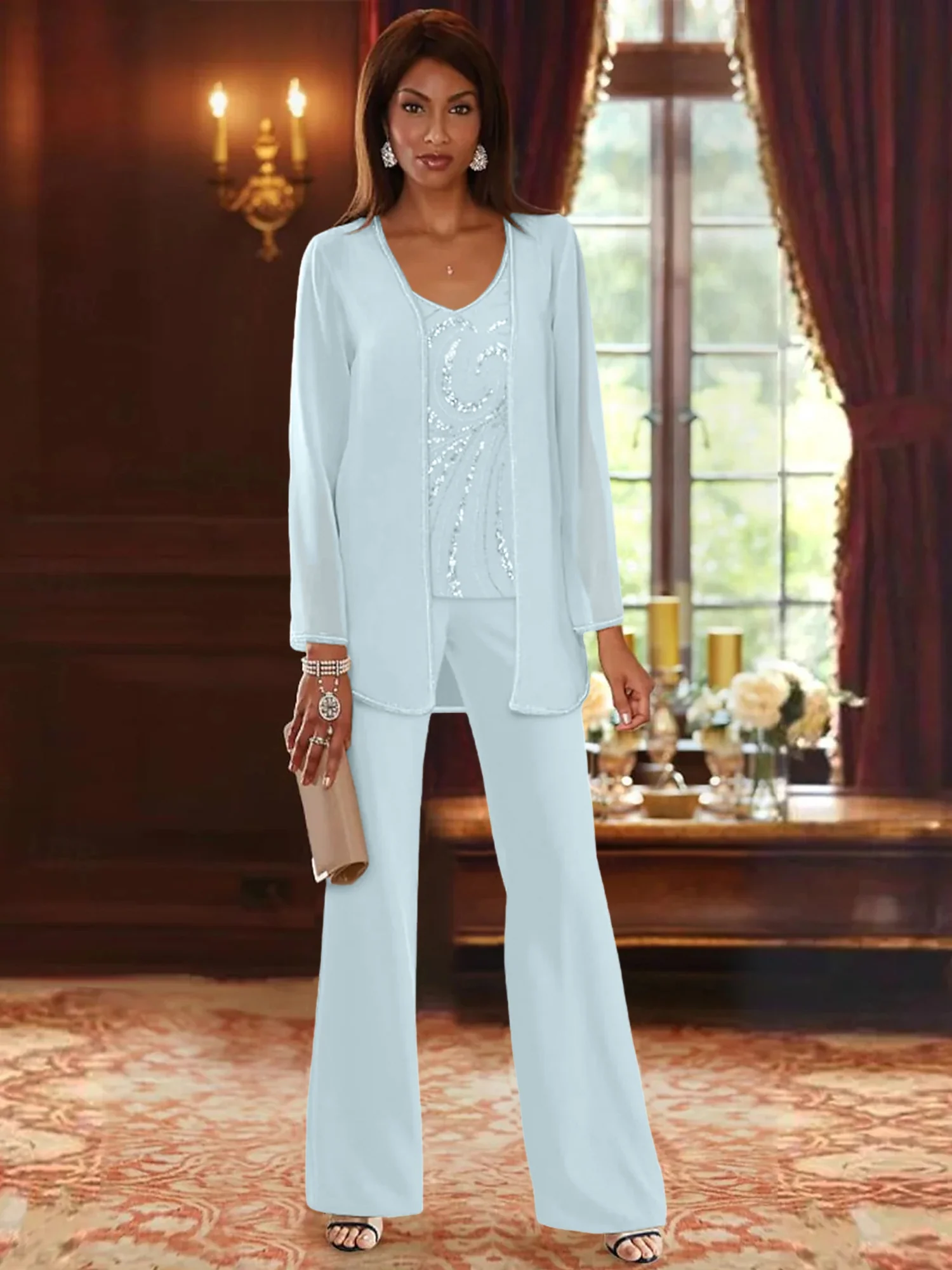 Chiffon V-Neck Floor-Length 3 Pieces Mother of the Bride Pantsuits with Jacket & Sequins Beading - Image 38