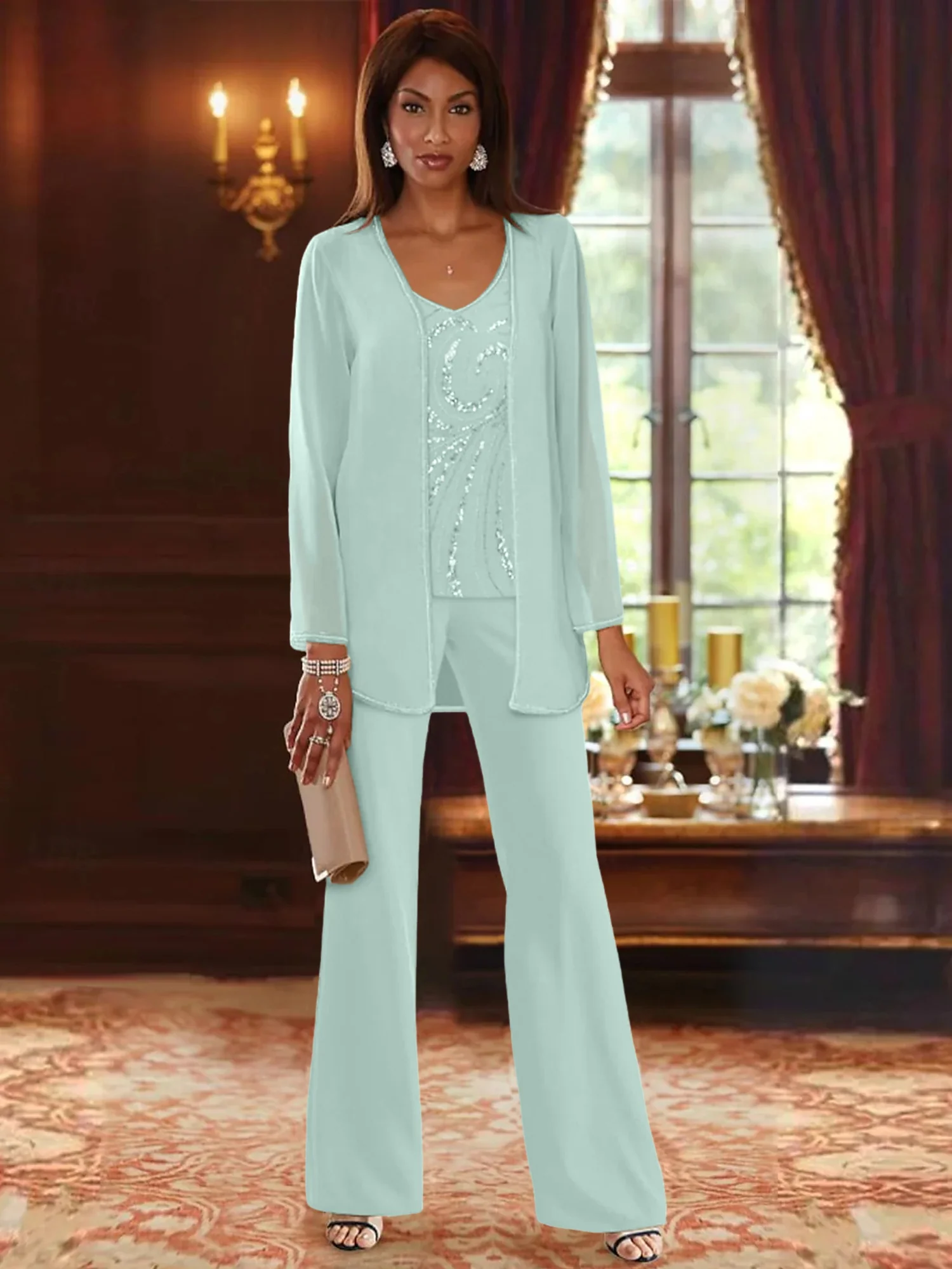 Chiffon V-Neck Floor-Length 3 Pieces Mother of the Bride Pantsuits with Jacket & Sequins Beading - Image 47
