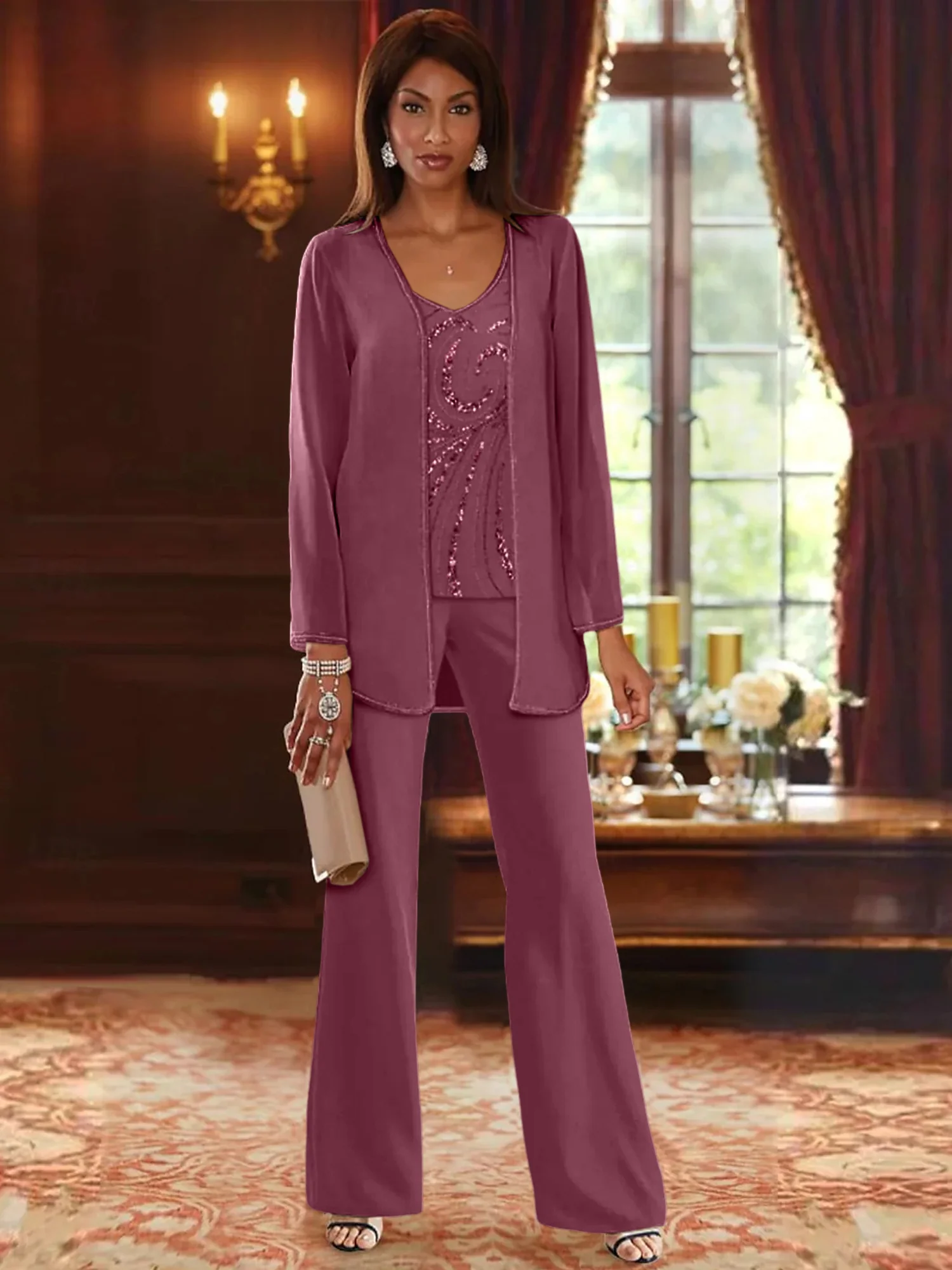 Chiffon V-Neck Floor-Length 3 Pieces Mother of the Bride Pantsuits with Jacket & Sequins Beading - Image 48
