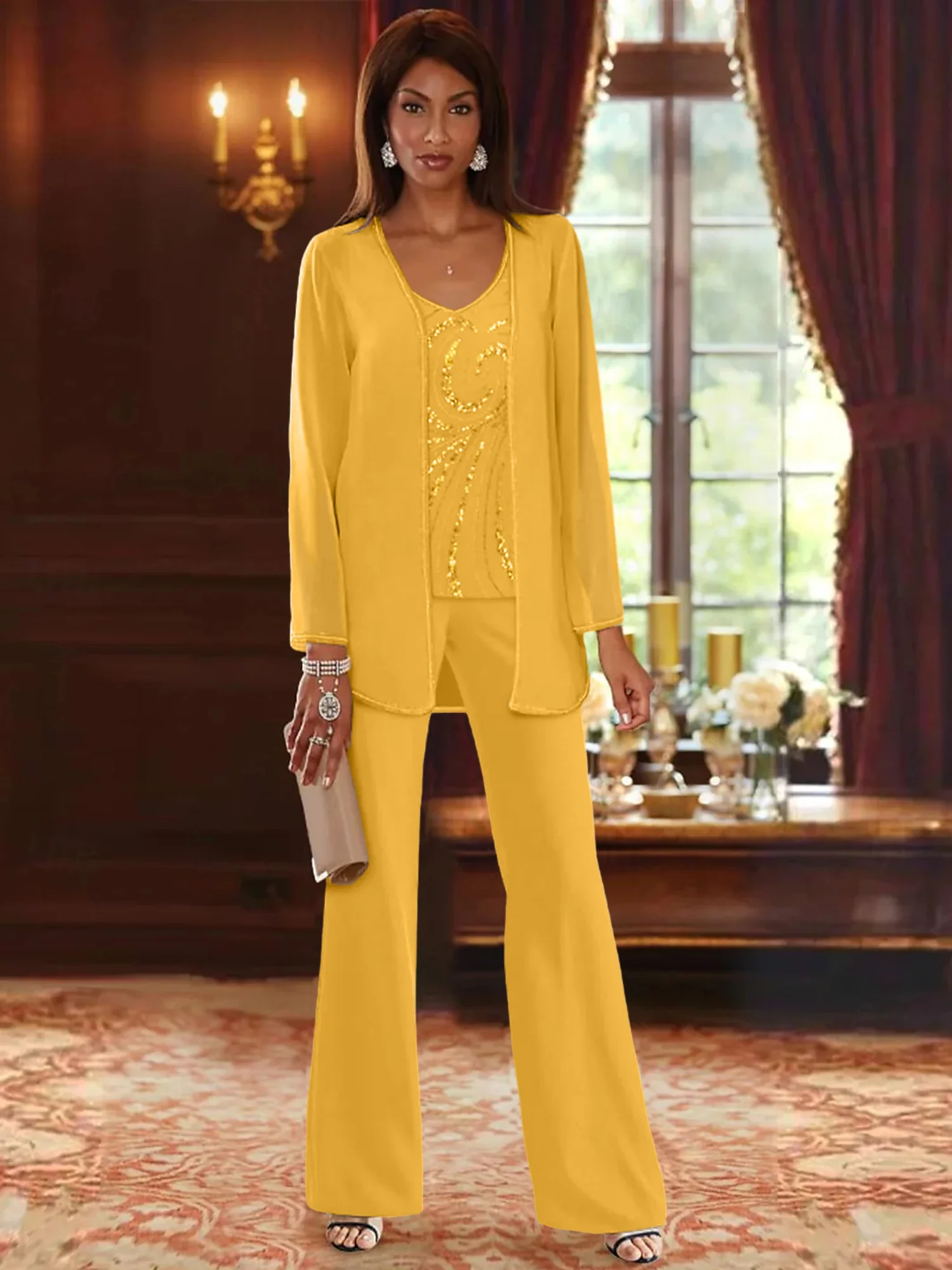 Chiffon V-Neck Floor-Length 3 Pieces Mother of the Bride Pantsuits with Jacket & Sequins Beading - Image 49