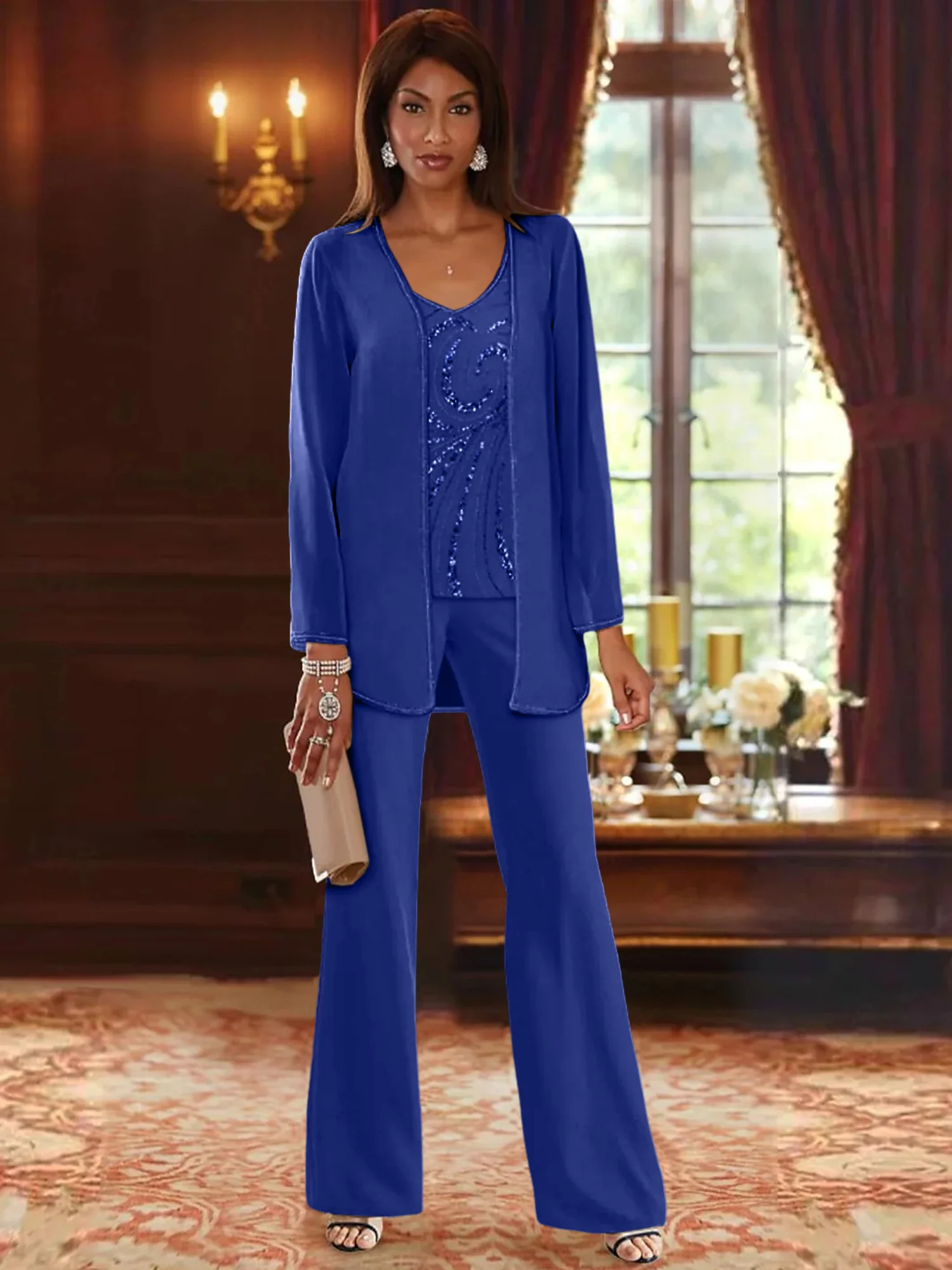 Chiffon V-Neck Floor-Length 3 Pieces Mother of the Bride Pantsuits with Jacket & Sequins Beading - Image 6