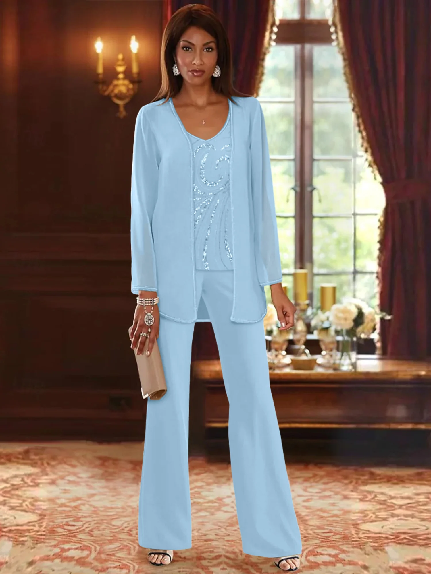 Chiffon V-Neck Floor-Length 3 Pieces Mother of the Bride Pantsuits with Jacket & Sequins Beading - Image 67