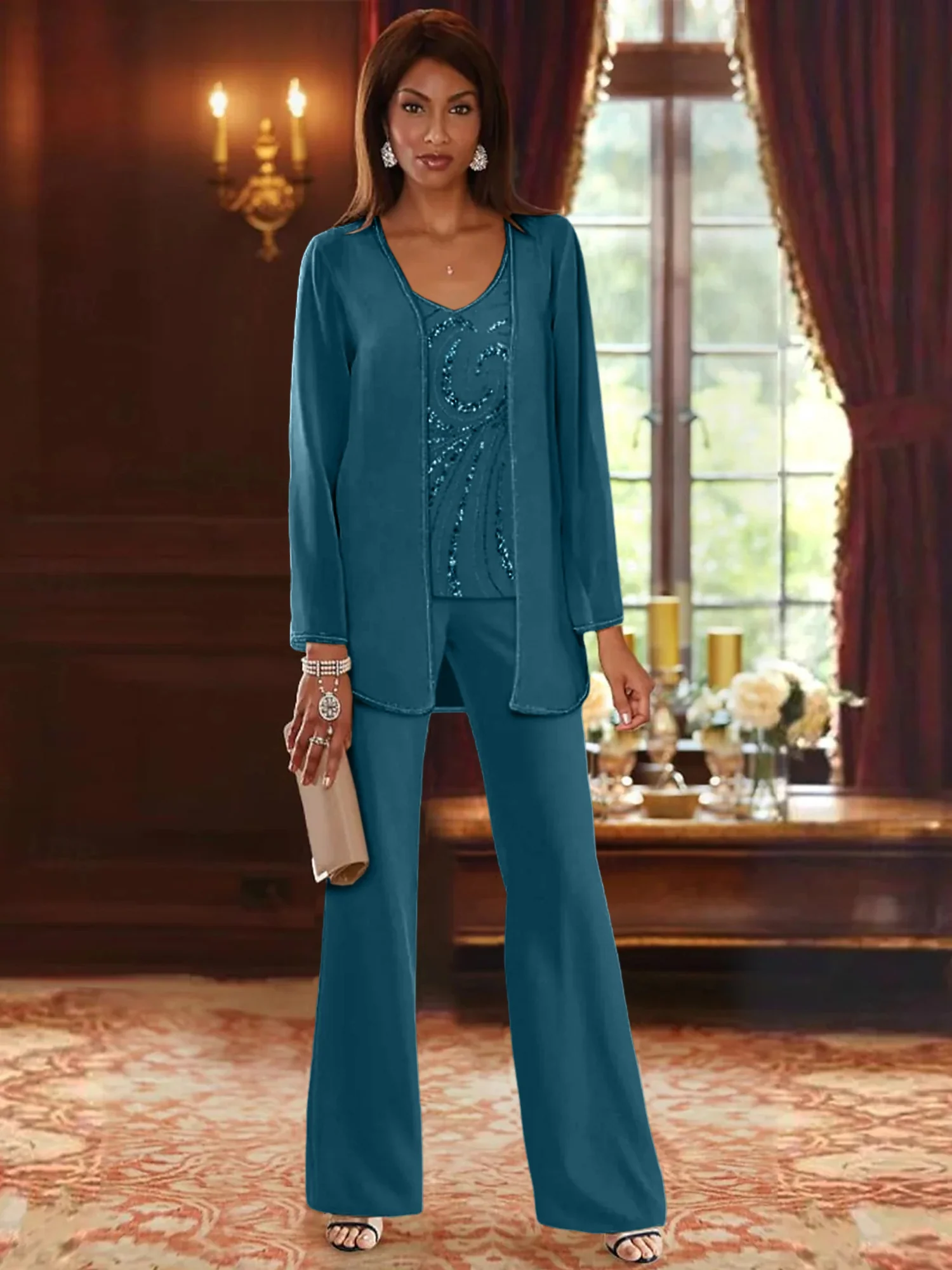 Chiffon V-Neck Floor-Length 3 Pieces Mother of the Bride Pantsuits with Jacket & Sequins Beading - Image 71