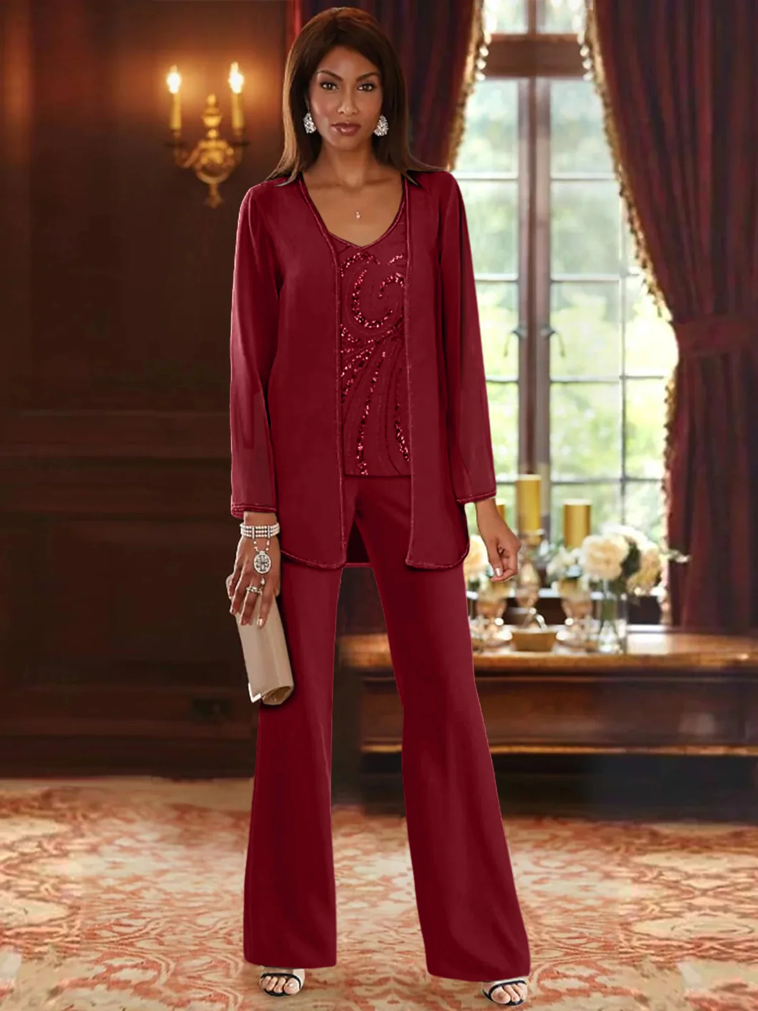 Chiffon V-Neck Floor-Length 3 Pieces Mother of the Bride Pantsuits with Jacket & Sequins Beading - Image 73