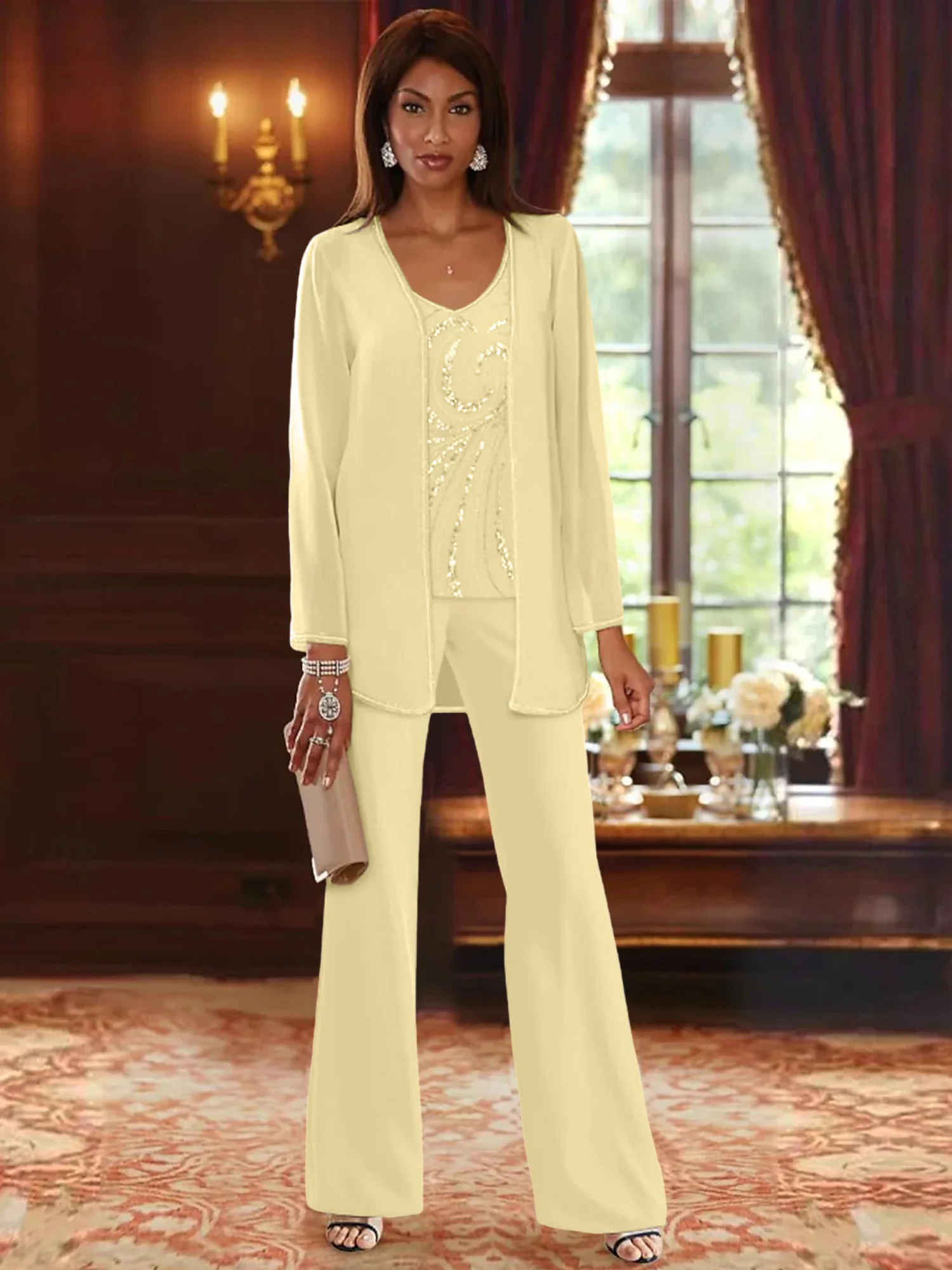 Chiffon V-Neck Floor-Length 3 Pieces Mother of the Bride Pantsuits with Jacket & Sequins Beading - Image 74