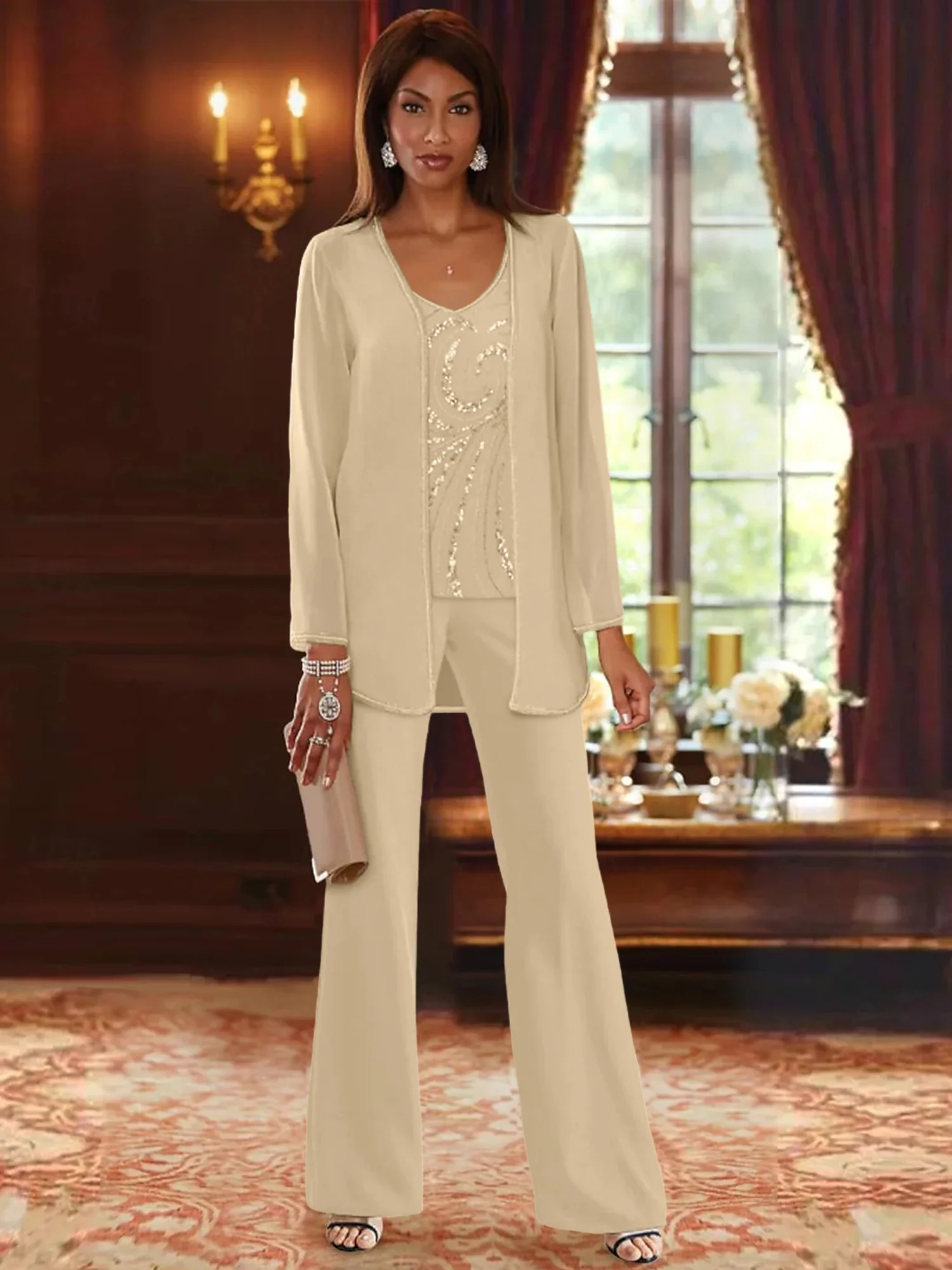 Chiffon V-Neck Floor-Length 3 Pieces Mother of the Bride Pantsuits with Jacket & Sequins Beading - Image 8