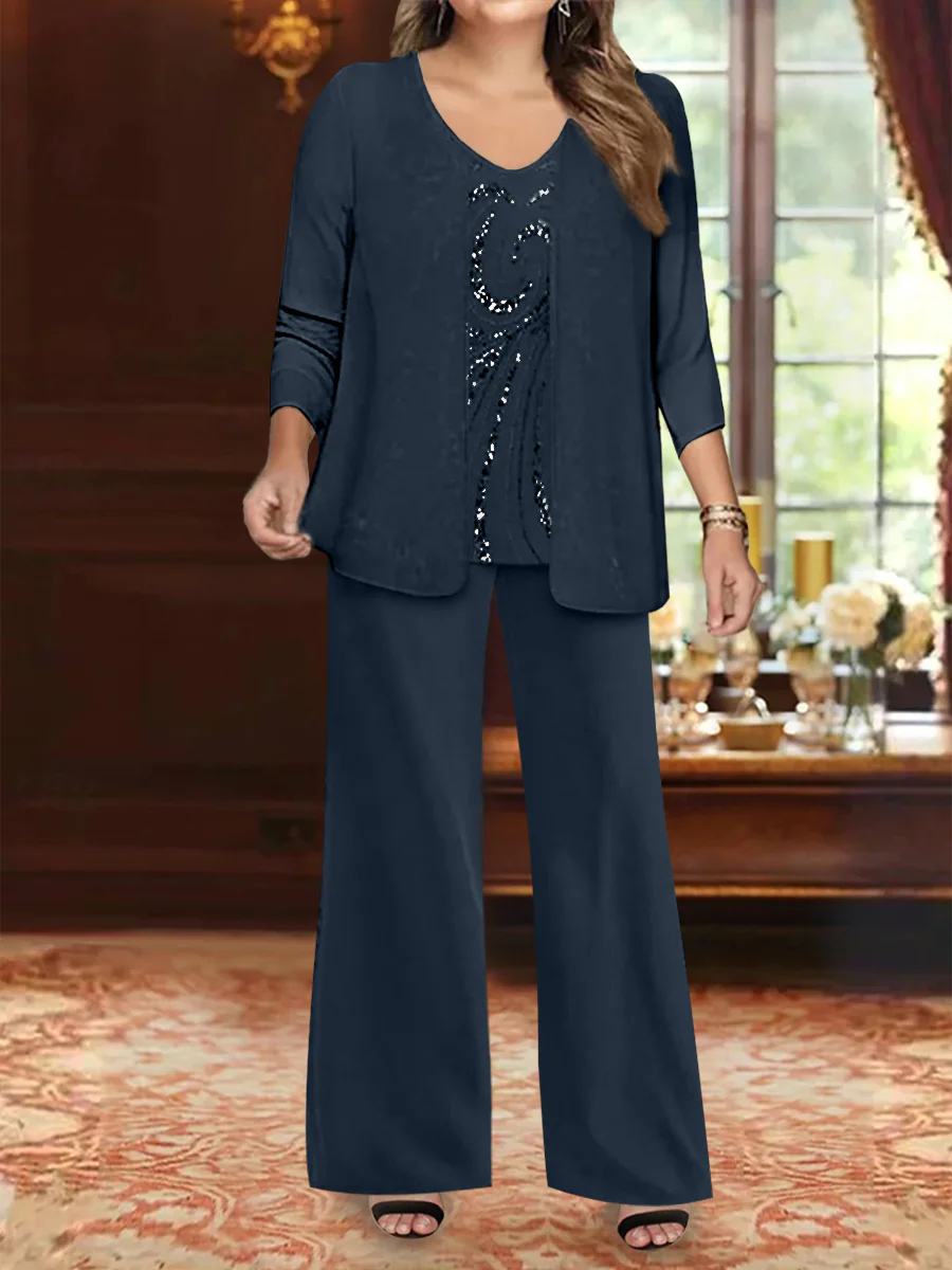 Chiffon V-Neck Floor-Length 3 Pieces Plus Size Mother of the Bride Pantsuits with Jacket & Sequins Beading - Image 11