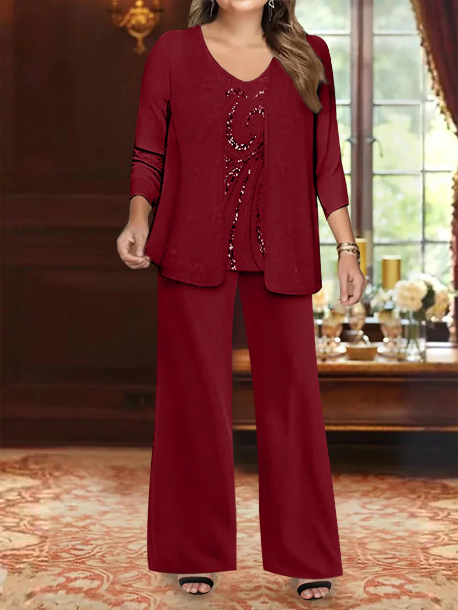 Chiffon V-Neck Floor-Length 3 Pieces Plus Size Mother of the Bride Pantsuits with Jacket & Sequins Beading - Image 25