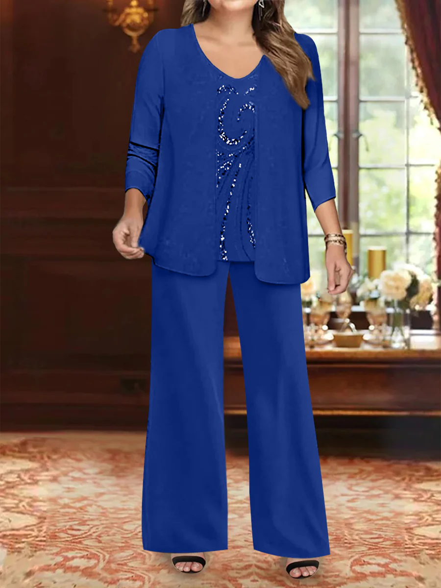 Chiffon V-Neck Floor-Length 3 Pieces Plus Size Mother of the Bride Pantsuits with Jacket & Sequins Beading - Image 29