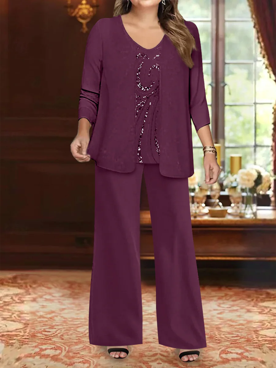 Chiffon V-Neck Floor-Length 3 Pieces Plus Size Mother of the Bride Pantsuits with Jacket & Sequins Beading - Image 33