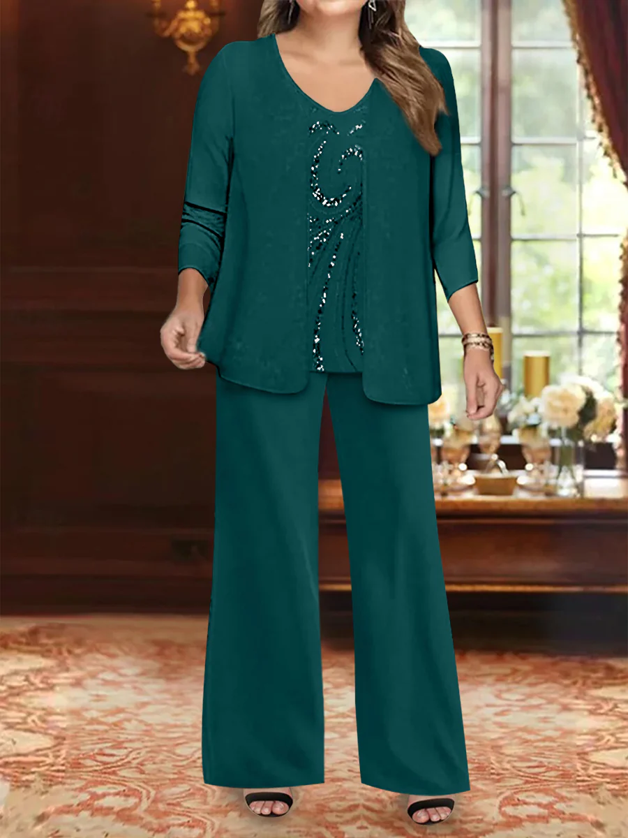 Chiffon V-Neck Floor-Length 3 Pieces Plus Size Mother of the Bride Pantsuits with Jacket & Sequins Beading - Image 34