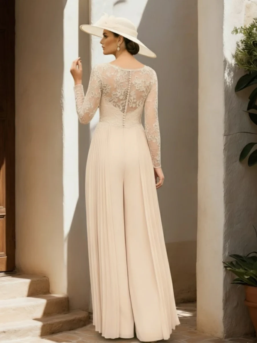 Chiffon V-Neck Floor-Length Mother of the Bride Jumpsuits Lace Long Sleeves - Image 2