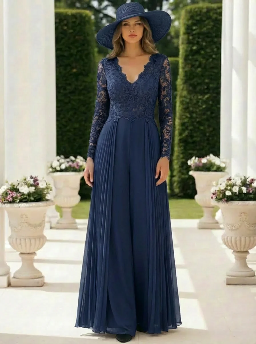 Chiffon V-Neck Floor-Length Mother of the Bride Jumpsuits Lace Long Sleeves - Image 7