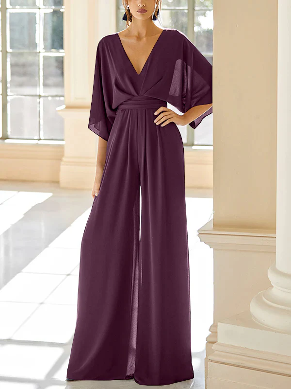 Chiffon V-Neck Mother of the Bride Pantsuits with Pockets - Image 11
