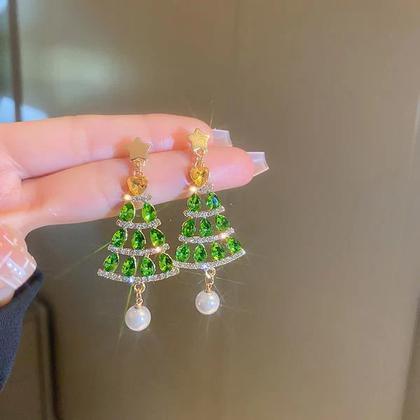 Christmas Tree Pearl/Rhinestone Drop Earrings - Image 2