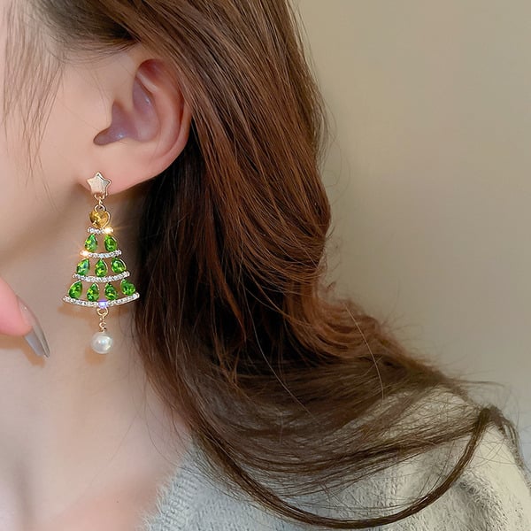 Christmas Tree Pearl/Rhinestone Drop Earrings - Image 3