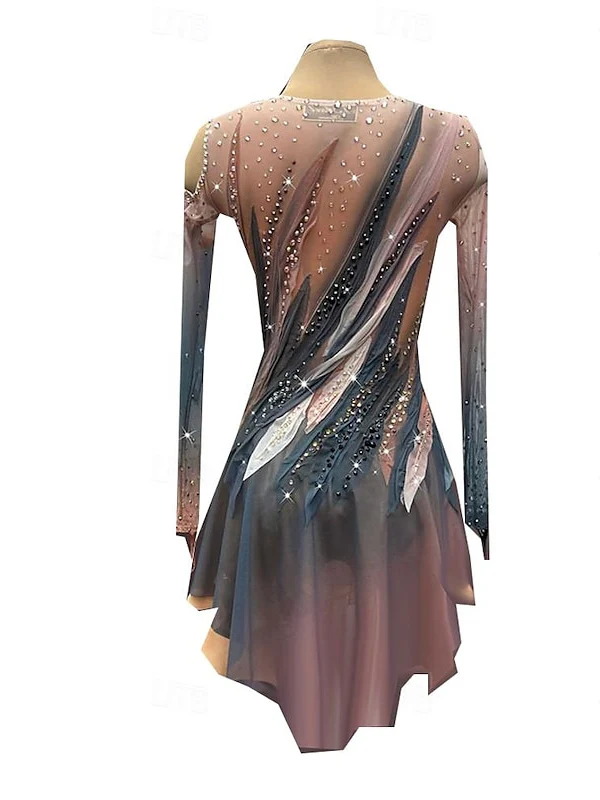 Coffee Figure Skating Dress Wear Women's Girls' Long Sleeve Ice Skating Dress - Image 2